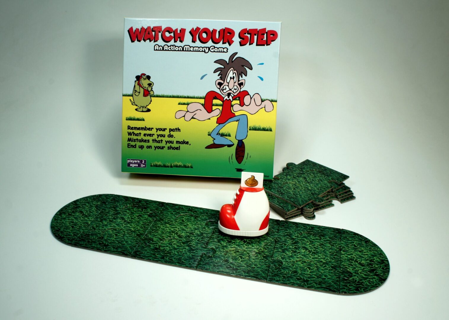 A board game piece and mat with a caution sign.