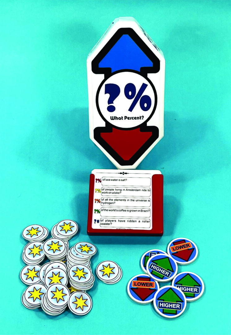 A colorful board game setup with question mark cards and various tokens.